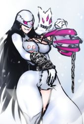 Rule 34 | 1girl, alternate color, asymmetrical clothes, black hair, breasts, cape, chain, claws, demon girl, digimon, digimon (creature), digimon adventure, female focus, ghost, gradient background, helmet, impossible clothes, ladydevimon, large breasts, long hair, pale skin, pink eyes, scathegrapes, single pantsleg, solo, thick thighs, thighs