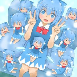 Rule 34 | 6+girls, :3, :d, arms up, blue bow, blue dress, blue eyes, blue hair, blush, bow, chibi, cirno, clone, commentary request, couch, double v, dress, dutch angle, fang, feet out of frame, from above, hair between eyes, hair bow, light particles, looking at viewer, mizune (winter), multiple girls, open mouth, pinafore dress, red neckwear, red ribbon, ribbon, shirt, simple background, sitting, sitting on lap, sitting on person, sleeveless dress, smile, solid oval eyes, touhou, v, white shirt, wings