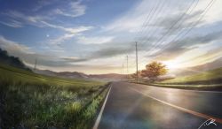 Rule 34 | cloud, commentary request, grass, highres, landscape, mountain, nature, no humans, nzwt, original, plant, power lines, road, scenery, signature, sky, sun, sunlight, tree, utility pole