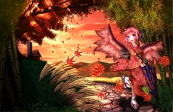 Rule 34 | 1girl, animal ears, autumn, autumn leaves, bad id, bad pixiv id, bamboo, bamboo forest, blush, ddfftasogare, evening, forest, grass, highres, hill, japanese clothes, kimono, mystia lorelei, nature, obi, okamisty, open mouth, pink hair, red eyes, sandals, sash, short hair, smile, socks, solo, tasogare (ddfftasogare), touhou, umbrella, wings, zouri