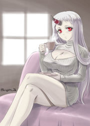 Rule 34 | 10s, 1girl, abyssal ship, bare legs, blush, breasts, cleavage, cleavage cutout, clothing cutout, colored skin, couch, cup, holding, holding cup, horns, kantai collection, kishi nisen, large breasts, crossed legs, long hair, long sleeves, looking at viewer, meme attire, open-chest sweater, pale skin, parted lips, red eyes, ribbed sweater, seaport princess, sidelocks, single horn, sitting, solo, steam, sunlight, sweater, twitter username, white hair, white skin