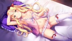 Rule 34 | 10s, 1girl, arm up, armpits, bare shoulders, bed, bed sheet, blonde hair, blush, bow, breasts, eromanga sensei, gluteal fold, groin, hair bow, irohara, long hair, looking at viewer, lying, navel, nightgown, on back, on bed, orange eyes, panties, pillow, pink panties, red bow, sideboob, sleeveless, small breasts, smile, solo, stomach, strap slip, thighhighs, underwear, yamada elf