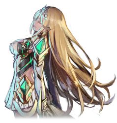 Rule 34 | 1girl, armor, bare shoulders, blonde hair, breasts, cleavage, closed mouth, dress, earrings, elbow gloves, eyelashes, floating hair, gem, gloves, hair ornament, hairband, headpiece, jewelry, large breasts, leaning back, long hair, mythra (xenoblade), neon trim, official art, saitou masatsugu, sidelocks, skin tight, smile, solo, standing, swept bangs, tiara, transparent background, very long hair, white dress, xenoblade chronicles (series), xenoblade chronicles 2