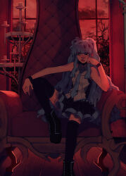 Rule 34 | 1girl, ascot, bare shoulders, bare tree, black bracelet, black footwear, black socks, blue hair, blue necktie, boots, bracelet, candlestand, hand on own cheek, hand on own face, hatsune miku, highres, jewelry, linmiee, long hair, looking at viewer, necktie, pastel colors, red sky, skirt, sky, socks, solo, thighhighs, throne, tree, twintails, vocaloid, window, wooden floor