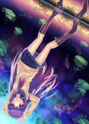 Rule 34 | 1girl, :d, arms behind head, highres, koi, lily pad, long hair, looking at viewer, open mouth, original, outdoors, pleated skirt, pond, purple eyes, purple hair, reflection, ripples, school uniform, serafuku, skirt, smile, solo, star (sky), tonchan
