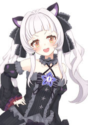 1girl, :d, absurdres, animal ear fluff, animal ears, bangs, bare shoulders, black dress, black sleeves, blunt bangs, blush, brooch, cat ears, center frills, choco donatsu, choker, collarbone, contrapposto, cowboy shot, criss-cross halter, detached sleeves, dress, dress bow, frilled choker, frilled dress, frilled ribbon, frills, gothic lolita, grey hair, hair ribbon, halter dress, halterneck, hand on hip, highres, hololive, jewelry, juliet sleeves, lolita fashion, long hair, long sleeves, looking at viewer, murasaki shion, open mouth, pinstripe pattern, puffy sleeves, ribbon, short eyebrows, sidelocks, silver hair, simple background, sleeveless, sleeveless dress, smile, solo, star (symbol), striped, twintails, upper teeth, virtual youtuber, white background, yellow eyes