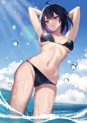 Rule 34 | 1girl, ahoge, arms up, artist name, bikini, black bikini, black hair, blue sky, blush, boyon (oooboyon5), breasts, cloud, collarbone, colored inner hair, commentary, commission, dated, day, english commentary, highres, medium breasts, multicolored hair, navel, ocean, original, outdoors, pink eyes, pink hair, second-party source, short hair, skeb commission, sky, solo, swimsuit, wading, water, watermark, wet