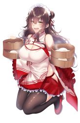 Rule 34 | 1girl, absurdres, baozi, black thighhighs, breasts, brown hair, china dress, chinese clothes, cleavage, cleavage cutout, clothing cutout, double bun, dress, dumpling, food, hair bun, highres, holding, large breasts, long hair, maid headdress, onineko-chan, open mouth, original, red footwear, simple background, solo, thighhighs, white background, yellow eyes