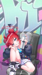 Rule 34 | 1girl, absurdres, ahoge, black jacket, blue archive, blue eyes, blush, bright pupils, calciumin, chair, double bun, graffiti, hair bun, halo, highres, jacket, long sleeves, maki (blue archive), office chair, pleated skirt, red hair, shoes, sidelocks, sitting, skirt, smile, sneakers, solo, spray can, swivel chair