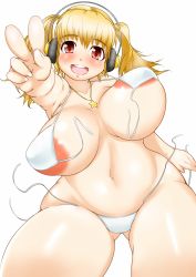 Rule 34 | 1girl, areola slip, bikini, blonde hair, blush, bouncing breasts, breasts, front-tie bikini top, front-tie top, gotoshi, headphones, highres, huge breasts, jewelry, large areolae, long hair, looking at viewer, navel, necklace, nitroplus, plump, red eyes, side-tie bikini bottom, skindentation, smile, solo, star (symbol), star necklace, strap gap, super pochaco, swimsuit, thick thighs, thighs, twintails, unaligned breasts, v, wardrobe malfunction, white bikini
