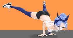 Rule 34 | 1girl, arm support, ass, back, blue eyes, blue hair, blue thighhighs, bra, breasts, chaesu, cleavage, denim, dot mouth, dot nose, downblouse, jeans, legs, looking at viewer, medium breasts, midriff, orange background, pants, shoes, short shorts, shorts, solo, thighhighs, thighs, underwear, white bra, wristband