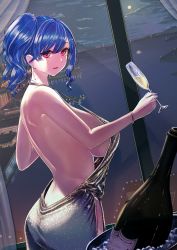 Rule 34 | 1girl, alcohol, ass, azur lane, back, backless dress, backless outfit, bare shoulders, blue hair, blue nails, bottle, bracelet, breasts, butt crack, champagne flute, chinushiroya, cityscape, cup, curtains, dimples of venus, dress, drinking glass, earrings, evening gown, hair between eyes, halter dress, halterneck, highres, holding, holding cup, huge breasts, jewelry, looking at viewer, moon, nail polish, night, night sky, pink eyes, plunging neckline, revealing clothes, scenery, side ponytail, sideboob, sidelocks, silver dress, sky, st. louis (azur lane), st. louis (luxurious wheels) (azur lane), strap gap, window