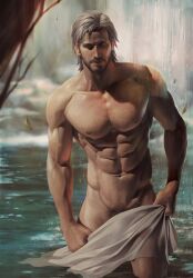 Rule 34 | 1boy, abs, aenaluck, bara, chest hair, day, facial hair, falling leaves, grey hair, highres, holding, holding towel, large pectorals, leaf, male focus, male pubic hair, master (aenaluck), muscular, muscular male, naked towel, navel, nipples, original, outdoors, pectorals, pubic hair, short hair, solo, towel
