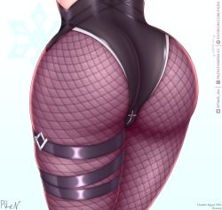 Rule 34 | 1girl, artist name, ass, ass focus, fishnet pantyhose, fishnets, from behind, genshin impact, head out of frame, highres, huge ass, leotard, pantyhose, pilen, rosaria (genshin impact), shiny clothes, solo, thigh strap