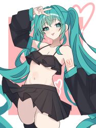 Rule 34 | 1girl, absurdres, bikini, bikini top only, blue eyes, blue hair, blush, breasts, coco irasuto, commentary, cowboy shot, detached sleeves, frilled bikini top, hand up, hatsune miku, heart, highres, long hair, long sleeves, looking at viewer, navel, pleated skirt, skirt, small breasts, smile, solo, swimsuit, thighhighs, tongue, tongue out, twintails, underboob, v, very long hair, vocaloid