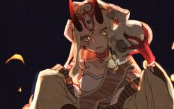 Rule 34 | 1girl, backlighting, black background, blonde hair, body markings, commentary, earrings, facial mark, fate/grand order, fate (series), fingernails, fire, forehead mark, highres, holding, holding skull, horns, ibaraki douji (fate), isagiyo, japanese clothes, jewelry, kimono, long hair, off shoulder, oni, oni horns, parted lips, sash, sharp fingernails, single bare shoulder, skull, solo, symbol-only commentary, upper body, yellow eyes, yellow kimono