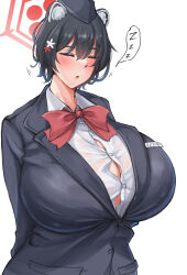 Rule 34 | 1girl, :o, absurdres, animal ear fluff, animal ears, black hair, black hat, black jacket, blue archive, blush, breasts, bursting breasts, cleavage, closed eyes, collared shirt, commentary request, garrison cap, halo, hat, highres, huge breasts, jacket, long sleeves, mechanical halo, minori (user eket5233), name tag, open mouth, shirt, simple background, sleeping, solo, tsubaki (blue archive), tsubaki (guide) (blue archive), upper body, white background, white shirt
