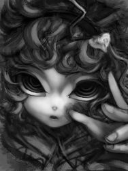 Rule 34 | 1girl, bad id, bad pixiv id, close-up, collared shirt, cong1991, curly hair, fingernails, greyscale, hair ornament, heart, heart hair ornament, komeiji satori, looking at viewer, monochrome, open mouth, ringed eyes, shirt, short hair, solo, surreal, texture, touhou