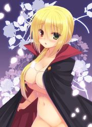 Rule 34 | 1girl, artist request, blonde hair, blush, breast hold, breasts, cape, cherry blossoms, cleavage, dracu-riot!, green eyes, hair censor, hair over breasts, heterochromia, large breasts, long hair, naked cape, navel, nicola cepheus, out-of-frame censoring, petals, red eyes, solo, standing