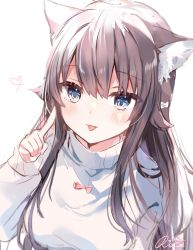 Rule 34 | 1girl, :p, absurdres, animal ear fluff, animal ears, blue eyes, blush, bow, breasts, brown hair, cat ears, closed mouth, commentary request, copyright request, hair between eyes, hair bow, hand up, heart, highres, index finger raised, long hair, long sleeves, looking at viewer, medium breasts, puffy long sleeves, puffy sleeves, rucaco, signature, simple background, sleeves past wrists, smile, solo, sweater, tongue, tongue out, upper body, very long hair, virtual youtuber, white background, white bow, white sweater