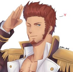Rule 34 | 1boy, beard, blue eyes, brown hair, closed mouth, epaulettes, facial hair, fate/grand order, fate (series), heart, highres, long sideburns, long sleeves, male focus, napoleon bonaparte (fate), one eye closed, open clothes, open shirt, pectoral cleavage, pectorals, salute, scar, sideburns, simple background, smile, solo, zeru rin