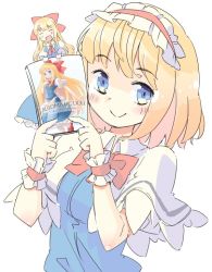 Rule 34 | 1girl, alice margatroid, arnest, blonde hair, blue eyes, book, collared shirt, holding, holding book, looking at viewer, manga (object), self-promotion, shanghai doll, shirt, simple background, solo, touhou, white background