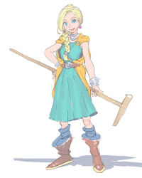 Rule 34 | 1girl, aqua dress, belt, bianca (dq5), blonde hair, blue eyes, boots, bracelet, braid, braided ponytail, brown footwear, cape, choker, commentary request, dragon quest, dragon quest v, dress, earrings, full body, hair over shoulder, hand on own hip, holding, jewelry, long hair, looking at viewer, orange cape, parted lips, pomodorosa, simple background, single braid, smile, solo, sphere earrings, standing, white background