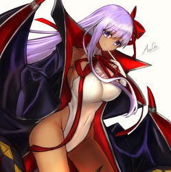 Rule 34 | 1girl, asagik23, bare shoulders, bat wings, bb (fate), bb (fate) (all), bb (swimsuit mooncancer) (fate), bb (swimsuit mooncancer) (third ascension) (fate), black coat, breasts, closed mouth, coat, covered navel, dark-skinned female, dark skin, fate/grand order, fate (series), gloves, hair ribbon, highleg, highleg leotard, large breasts, leotard, long hair, long sleeves, looking at viewer, neck ribbon, open clothes, open coat, popped collar, purple eyes, purple hair, red ribbon, ribbon, simple background, smile, solo, tan, thighs, vampire costume, very long hair, white background, white gloves, white leotard, wings