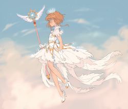 Rule 34 | 1girl, ahoge, blush, breasts, cardcaptor sakura, clear card, cloud, cloudy sky, crown, dress, feather trim, feathers, floating, full body, gloves, gold trim, green eyes, high heels, highres, holding, holding staff, itslopezz, kinomoto sakura, profile, see-through, see-through sleeves, short hair with long locks, short sleeves, sky, small breasts, solo, staff, twitter username, white dress, white footwear, white gloves, yume no tsue
