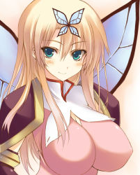 Rule 34 | 1girl, alternate costume, aqua eyes, armband, armor, aura, black gloves, blonde hair, blue eyes, blue wings, blush, boku wa tomodachi ga sukunai, breasts, butterfly hair ornament, butterfly wings, cleavage, closed mouth, covered erect nipples, elbow gloves, eyebrows, eyelashes, eyes visible through hair, facing away, gloves, hair between eyes, hair ornament, impossible clothes, insect wings, kashiwazaki sena, large breasts, long hair, looking at viewer, pauldrons, pink shirt, ro-ga (kurumaya), shiny clothes, shirt, shoulder armor, sidelocks, simple background, smile, solo, straight hair, tsurime, turtleneck, upper body, white background, wings