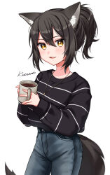 Rule 34 | 1girl, :3, animal ears, black hair, blush, coffee, cowboy shot, cup, denim, fang, highres, holding, holding cup, jeans, jewelry, kawagami raito, long sleeves, looking at viewer, mug, necklace, open mouth, original, pants, ponytail, shirt tucked in, smile, solo, striped clothes, striped sweater, sweater, tail, white background, wolf ears, wolf girl, wolf tail, yellow eyes