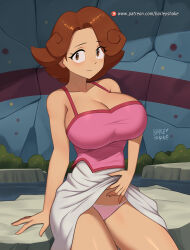 Rule 34 | 1girl, arm support, barleyshake, blush, breasts, brown eyes, brown hair, bush, cleavage, clothes lift, collarbone, creatures (company), game freak, highres, huge breasts, large breasts, lola (pokemon), looking at viewer, mature female, nintendo, panties, pink panties, pink shirt, pokemon, pokemon (anime), pokemon (classic anime), rock, shirt, short hair, sitting, skirt, skirt lift, smile, solo, tank top, underwear, water, white skirt