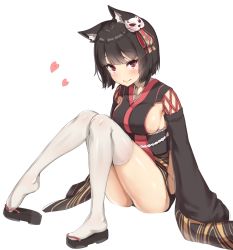Rule 34 | 1girl, animal ears, artist request, ass, azur lane, black hair, blush, breasts, cat ears, detached sleeves, full body, geta, hair ornament, heart, highres, japanese clothes, kimono, looking at viewer, medium breasts, plantar flexion, red eyes, reinama, shoe dangle, short hair, sideboob, simple background, sitting, smile, solo, thighhighs, white background, white thighhighs, wide sleeves, yamashiro (azur lane)