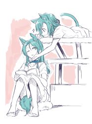 Rule 34 | 2girls, akni, animal ears, aqua eyes, aqua hair, bang dream!, barefoot, book, braid, cat ears, cat tail, cat tower, collar, dog ears, dog tail, hand on another&#039;s chin, hikawa hina, hikawa sayo, holding, holding book, kemonomimi mode, knees up, long hair, looking at another, lying, multiple girls, notice lines, on stomach, one eye closed, parted lips, reading, short hair, short sleeves, siblings, side braids, sisters, sitting, skirt, smile, sparkle, spot color, stroking another&#039;s chin, tail, twins