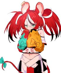 Rule 34 | 1girl, absurdres, animal ears, aqua bow, aqua eyes, asymmetrical sleeves, bare shoulders, bow, collar, commentary request, ddari, hakos baelz, hands up, highres, hololive, hololive english, korean commentary, mismatched sleeves, mouse ears, mouse tail, mousetrap, multicolored clothes, multicolored hair, multicolored skirt, navel, open mouth, outstretched arms, red hair, shirt, simple background, skirt, solo, spiked collar, spikes, streaked hair, tail, tail bow, tail ornament, twintails, upper body, virtual youtuber, white background, white shirt, zombie pose