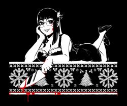 Rule 34 | 1girl, aurahack, blood, breasts, christmas tree, cleavage, dress, feet, full body, glasses, hair ornament, head rest, knife, large breasts, lying, mistletoe, monochrome, on stomach, original, solo, spot color, tongue, tongue out
