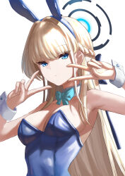 Rule 34 | 1girl, absurdres, animal ears, blonde hair, blue archive, blue eyes, blue hair, blue halo, braid, breasts, cleavage, collar, detached collar, double v, enun, fake animal ears, french braid, halo, highres, leotard, long hair, looking at viewer, medium breasts, multicolored hair, official alternate costume, playboy bunny, rabbit ears, solo, strapless, strapless leotard, streaked hair, toki (blue archive), toki (bunny) (blue archive), v, white collar, white wrist cuffs, wrist cuffs