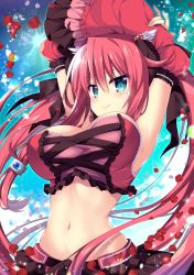 Rule 34 | &gt;:&gt;, 1girl, :&gt;, armpits, arms up, belly, blue eyes, blush, breasts, character request, cleavage, commentary request, day, detached sleeves, hair between eyes, hair ornament, highres, large breasts, light rays, looking at viewer, navel, outdoors, petals, red hair, ringo sui, skirt, smile, smug, solo, twintails, v-shaped eyebrows