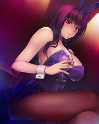 Rule 34 | 1girl, animal ears, blush, breasts, brown pantyhose, crossed legs, cup, detached collar, drinking glass, fake animal ears, fate/grand order, fate (series), fishnet pantyhose, fishnets, hair between eyes, highleg, highleg leotard, large breasts, leotard, long hair, looking at viewer, official alternate costume, pantyhose, playboy bunny, purple hair, purple leotard, rabbit ears, red eyes, scathach (fate), scathach (piercing bunny) (fate), sitting, thighs, wrist cuffs, yuhji