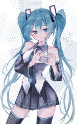 1girl absurdres aqua_eyes aqua_hair aqua_necktie bare_shoulders black_skirt black_sleeves blush closed_mouth collared_shirt commentary cowboy_shot dated_commentary detached_sleeves expressionless h_raj_(pixiv_93311327) hair_ornament hands_up hatsune_miku heart heart_hands highres long_hair long_sleeves looking_at_viewer miniskirt necktie pleated_skirt shirt sidelocks skirt sleeveless sleeveless_shirt solo standing twintails very_long_hair vocaloid white_background white_shirt