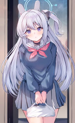 Rule 34 | 1girl, animal ears, bag, blue archive, blue halo, blue skirt, blush, breasts, cowboy shot, fake animal ears, grey hair, halo, highres, holding, long hair, long sleeves, looking at viewer, medium breasts, mi taro333, miyako (blue archive), one side up, parted lips, plastic bag, pleated skirt, purple eyes, rabbit ears, sailor collar, skirt, solo, white sailor collar