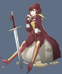 Rule 34 | 1girl, absurdres, anna (fire emblem), armor, bag, belt, cape, charm (object), coin, female focus, fire emblem, fire emblem awakening, gloves, greaves, high heels, highres, charm (object), matching hair/eyes, money, nintendo, official art, one eye closed, ponytail, red eyes, red hair, sitting, smile, stuffed animal, stuffed toy, sword, teddy bear, weapon, wink