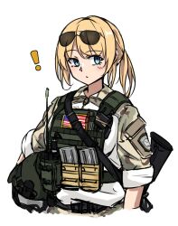 ! 1girl american_flag blonde_hair blue_eyes bulletproof_vest commentary_request cropped_torso expressionless gun gun_sling helmet highres holding holding_helmet jacket magazine_(weapon) mosamosaobake original ponytail rifle simple_background solo sunglasses sweater sweater_tucked_in walkie-talkie weapon white_background white_jacket zipper