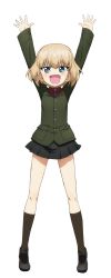 Rule 34 | &gt;:d, 10s, 1girl, :d, arms up, black footwear, black skirt, black socks, blonde hair, blush, buttons, fang, full body, girls und panzer, green jacket, jacket, katyusha (girls und panzer), kneehighs, loafers, long sleeves, miniskirt, open mouth, pleated skirt, shoes, short hair, simple background, skirt, smile, socks, solo, standing, tiptoes, transparent background, v-shaped eyebrows, white background