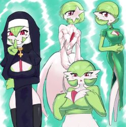 1girl 2025 between_breasts black_thighhighs blue_background blue_dress blush breasts china_dress chinese_clothes cleavage cleavage_cutout clothing_cutout colored_skin commentary creatures_(company) cross drawfag dress english_commentary female_focus finger_to_mouth full_body game_freak gardevoir gen_3_pokemon gold grabbing_own_breast green_dress green_hair green_skin highres humanization jiggle juliet_sleeves large_breasts light_smile long_sleeves looking_at_viewer mega_gardevoir mega_pokemon multicolored_skin multiple_views muscular muscular_female nintendo nun open_mouth own_hands_together parted_lips pelvic_curtain pokemon pokemon_(creature) puffy_long_sleeves puffy_sleeves red_eyes side_slit standing thighhighs thighs two-tone_skin white_dress white_skin