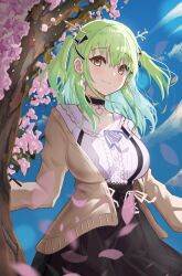 Rule 34 | 1girl, antlers, black choker, black skirt, blue sky, breasts, brown jacket, ceres fauna, ceres fauna (jirai kei), cherry blossoms, choker, cloud, collar, commentary, flower, green hair, hair ornament, highres, hololive, hololive english, horns, jacket, jewelry, large breasts, long hair, necklace, nyu-tan94, outdoors, petals, shirt, skirt, sky, smile, solo, suspenders, tree, virtual youtuber, white shirt, yellow eyes