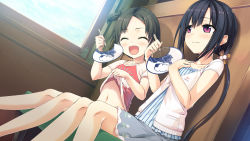 Rule 34 | 2girls, :d, black hair, blush, closed mouth, clothes lift, collarbone, cura, dutch angle, closed eyes, fang, feet out of frame, female focus, game cg, hair ornament, hairclip, hand fan, hayase fukami, highres, holding, holding fan, lifting own clothes, long hair, maitetsu, minokasa nagi, multiple girls, navel, official art, open mouth, pig tail, purple eyes, shirt lift, short sleeves, sitting, skirt, smile, striped, tail, train interior, twintails, vertical stripes