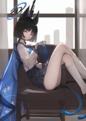 Rule 34 | 1girl, absurdres, animal ears, artist name, black eyes, black hair, black sailor collar, black skirt, blue archive, blue halo, blue neckerchief, cat&#039;s cradle, cat ears, cat tail, chair, closed mouth, halo, haori, highres, japanese clothes, kikyou (blue archive), long sleeves, looking at viewer, multiple tails, neckerchief, nekoya (liu), pleated skirt, sailor collar, school uniform, serafuku, short hair, signature, sitting, skirt, socks, solo, tail, two tails, white socks