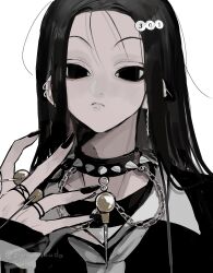 Rule 34 | &lt;o&gt; &lt;o&gt;, 1boy, black eyes, black hair, black nails, collar, dog girl, expressionless, fingernails, hair ornament, highres, holding, holding needle, hunter x hunter, illumi zoldyck, jewelry, long fingernails, long hair, long sleeves, looking at viewer, male focus, nail polish, needle, pin, simple background, solo, spiked collar, spikes, upper body, white background, ziyuuuuuuda