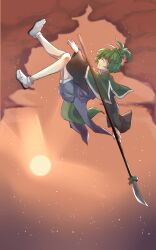 Rule 34 | 1other, absurdres, adagumo no saragimaru, black sleeves, blunt bangs, capelet, chinese commentary, cloud, cloudy sky, commentary request, earthen miraculous sword, floating, from side, gougongzhineng, green capelet, green hair, hair ornament, highres, holding, holding polearm, holding weapon, japanese clothes, len&#039;en, len'en, naginata, polearm, puffy shorts, reaching, red eyes, sandals, short hair, short ponytail, shorts, sky, snake hair ornament, snake tail, socks, sunset, tail, weapon, white socks, wide sleeves